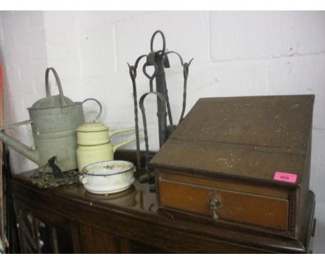 A mixed lot to include fire related items, tongs, a wrought iron standard lamp, a box, two tea chests and other items 