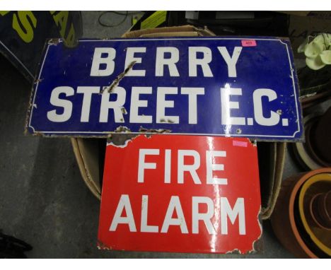 A Vintage Berry Street blue enamelled sign with white lettering 27 1/4" x 12", and a red enamelled Fire Alarm sign with white