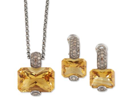 A citrine and diamond pendant and earrings,&nbsp;the pendant with an octagonal cut citrine to claw and bale pav&eacute; set w