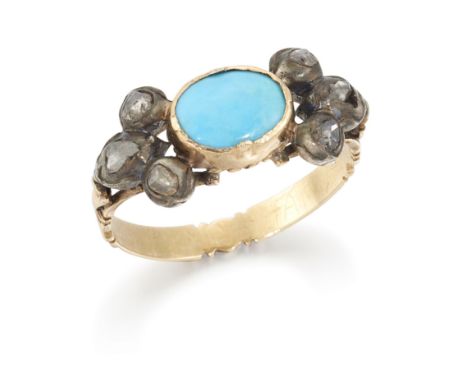 An early 19th century Italian turquoise and diamond ring, a fiocco style, the cabochon turquoise in closed back rosette setti