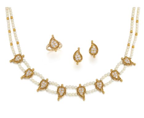 A suite of diamond and cultured pearl jewellery, comprising necklace, earrings and ring, the ring designed as a boteh shaped 