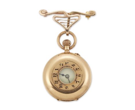 Swiss. A 14ct gold keyless wind half hunter fob watch Circa 1900 Jewelled keyless wind lever movement with bi-metallic cut an