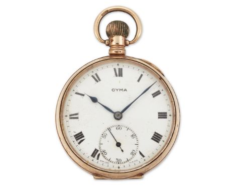 Cyma. A 9ct gold keyless wind open face pocket watch Chester hallmark for 1924 15 jewel keyless lever movement signed Admiral