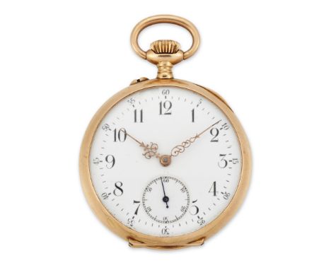 Swiss. A gold open face keyless wind pocket watch&nbsp;With French gold marks, Circa 1890Swiss lever movement, white enamel d