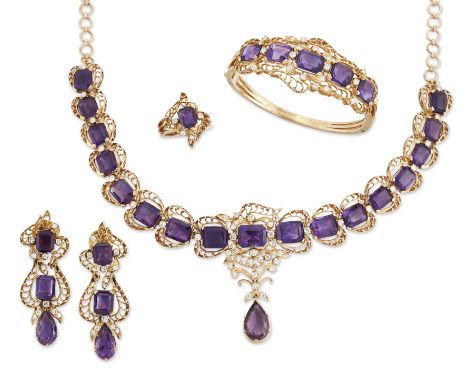 An amethyst and diamond set suite, comprising a necklace, a bangle, a ring and a pair of earrings, all set with emerald cut a