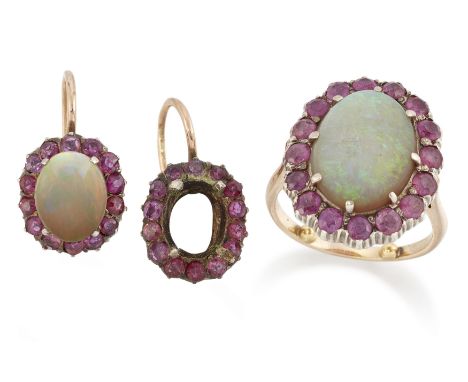 An opal and ruby ring,&nbsp;of cluster design, mounted in silver and gold, cluster 2.0 x 1.6cm; together with a similar pair 