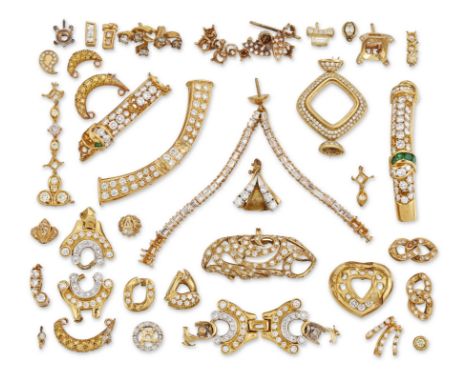 A group of diamond set components and findings, comprising: a baguette cut diamond set necklace section; two emerald and diam