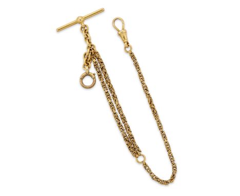 A gold Albert chain, of fancy Byzantine link, with T bar, half solid bolt ring and Albert clasp, stamped 15, length 16.5cmCon