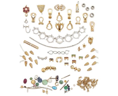 A group of findings, collets, and mounts,&nbsp;including: four diamond set rondelle beads; a quantity of vacant collets; a qu