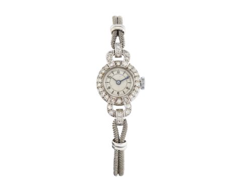 Swiss. A 9ct white gold, platinum and diamond set manual wind bracelet watch  Bracelet with Birmingham hallmark for 1968 17 j