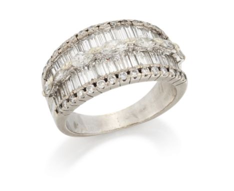 A diamond five row half hoop ring, a central row of graduating marquise cut diamonds to rows of baguette cut and brilliant cu