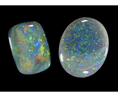 Two unmounted opals,&nbsp;comprising: one cushion shaped black opal, 19 x 13 x 4mm, approximately 6.9 carats; and one oval da