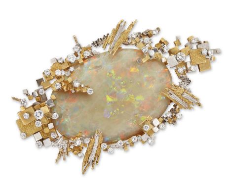 An opal and diamond set panel, with an oval cabochon opal (crazed), to two colour stepped cube and textured wire mount, with 