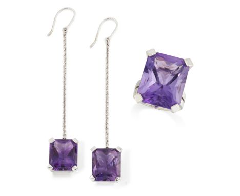 An amethyst ring and earrings, the ring with a rectangular facetted amethyst, approximately 2.1 x 1.6cm, four claw set to pie