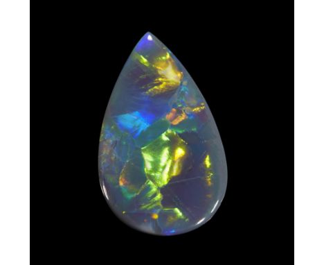 An unmounted pear shaped black opal, 22 x 13 x 4mm, approximately 6.4 carats  Provenance: The Wasserberg collection, by desce
