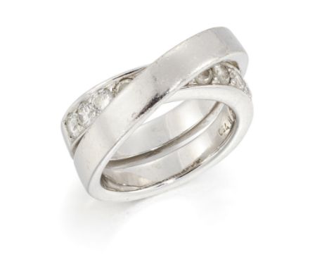 A diamond set crossover ring, with a brilliant cut diamond set lower band and plain polished upper band, to two row hoop, sta