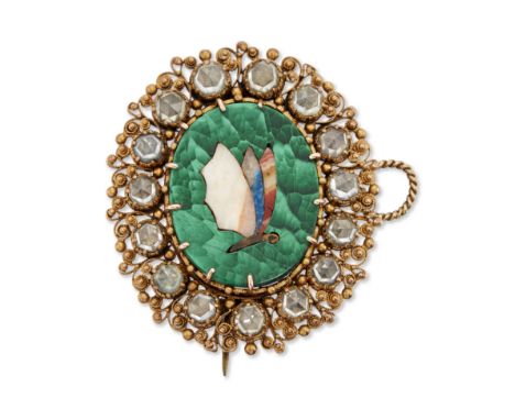 An early 19th century pietra dura brooch/pendant, depicting a butterfly or moth, to cannetille and beaded surround set with r