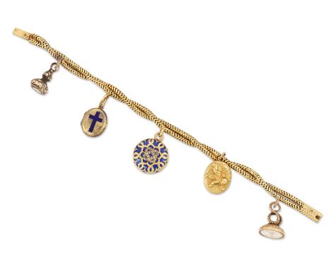 A Victorian two row twisted Brazilian snake chain bracelet, suspending a collection lockets and seals comprising: an oval loc