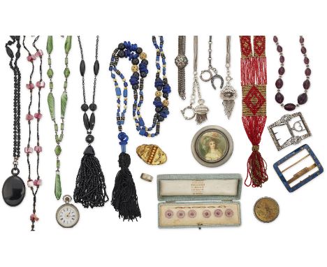 A group of Victorian and later jewellery, including: a 9ct gold wedding band, London hallmarks; a silver fob watch; a 19th ce