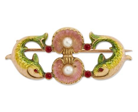 Phillips of Cockspur Street. A Victorian enamel and pearl fish brooch, attributed to Phillips of Cockspur Street, designed as