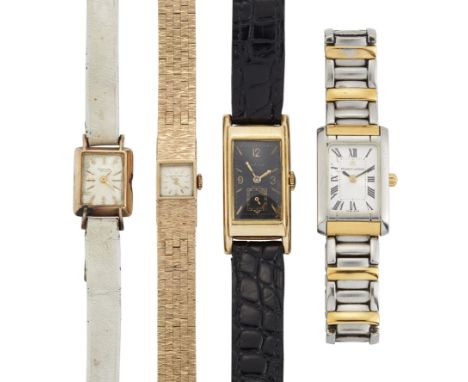 Four various watches including a 14ct gold Movado wristwatch retailed by Alf Lie&nbsp;Including: a curved cased rectangular w