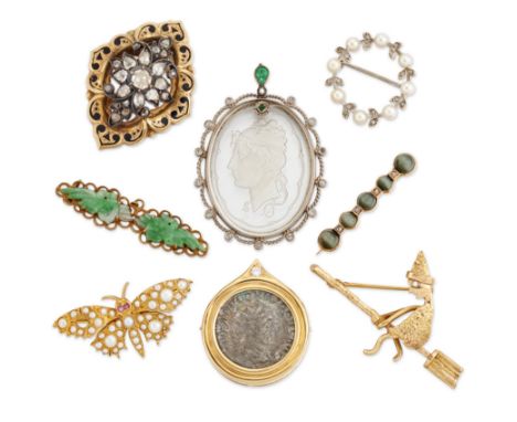 A group of jewellery,&nbsp;comprising: an early 20th century gold cat's eye quartz and rose cut diamond bar brooch; a reprodu