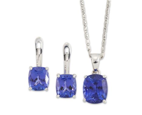 A tanzanite pendant and earrings, the pendant with a cushion cut tanzanite, approximately 12 x 10mm, claw set and suspended o