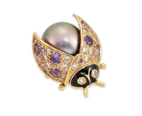 Meister, Z&uuml;rich. An enamel, diamond and cultured pearl 'lucky beetle' brooch,&nbsp;from the 1881 collection, in the form