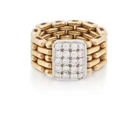 A diamond panel ring, the rectangular panel pavé set with brilliant cut diamonds, to a flexible graduated chain link hoop, wi