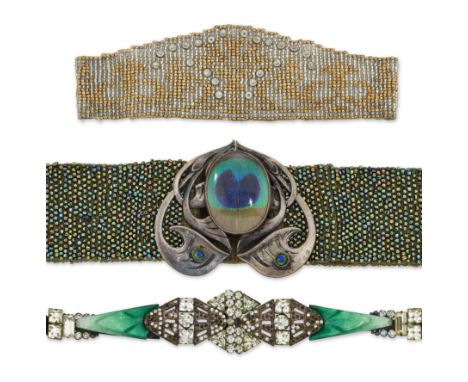 A group of early 20th century jewellery, comprising: an Art Nouveau peacock feather and glass cabochon buckle on beaded belt 