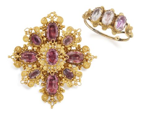 An early 19th century gold and pink foiled topaz cross brooch, the foiled topazes in closed back settings to cannetille surro