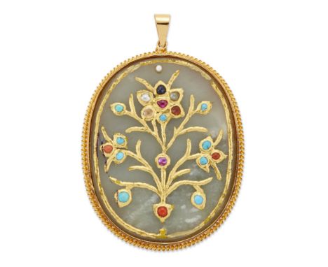 A 20th century Indian, nephrite, gold and gem pendant, the oval nephrite jade panel set inlaid with a gold floral motif and g