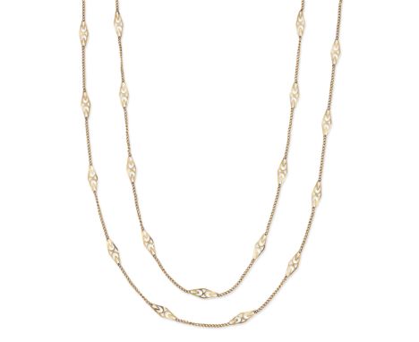 A guard chain, with pierced lozenge panels joined by lengths of curb link chain, length 155cmCondition Report:  Gross weight 