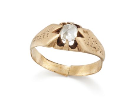 A late 19th century single stone diamond ring, with a rose cut diamond claw set to tapered engraved shoulders, and a plain ho