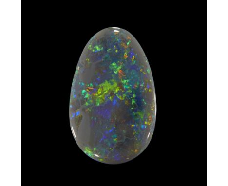 An unmounted pear shaped dark/semi-black opal, 28 x 17 x 5mm, approximately 16.0 caratsProvenance: The Wasserberg collection,