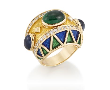 Leo De Vroomen for Amr Shaker, An 18ct gold ring, the dome shape bezel set with a central collet-set cabochon emerald, flanke