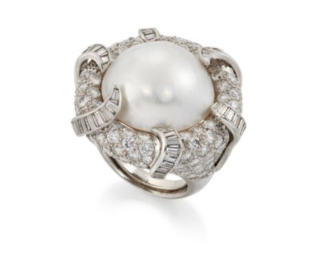 A large mabé pearl and diamond ring, the mabé pearl under baguette cut diamond set claws, to pavé brilliant cut diamond set d