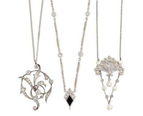 Three diamond set necklets,&nbsp;comprising: a Belle &Eacute;poque diamond and pearl necklace with a rose cut diamond set pie