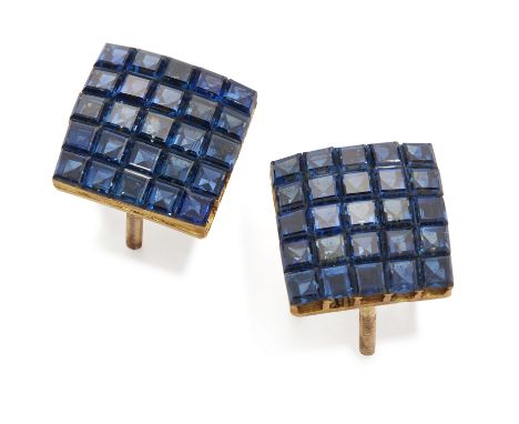 A pair of sapphire set panels,&nbsp;the panels of square outline and slightly convex form, invisibly set with a grid of squar