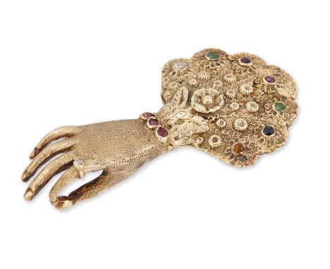 A 19th century acrostic brooch, in the form of a hand wearing a rose cut diamond set ring and ruby set bracelet, with a lace 