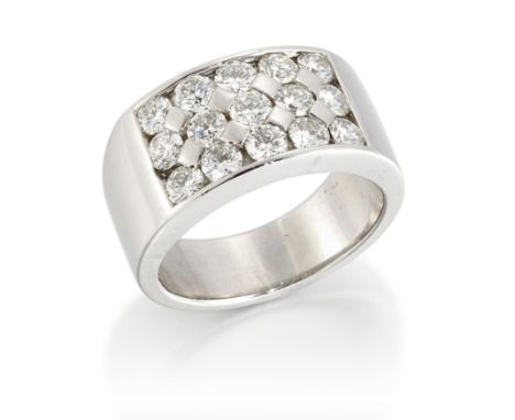 A diamond band ring, the broad tapering hoop with central brilliant cut diamond rectangular cluster panel, ring size R&frac12