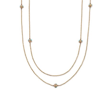 A 9ct gold turquoise sautoir necklace, with turquoise set spherical links between lengths of trace link chain, stamped 9ct, c