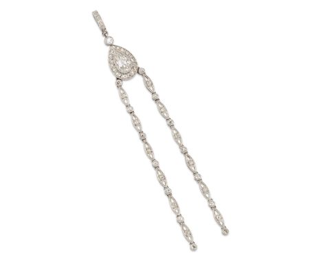 A Belle Époque diamond set necklace centepiece, with an old pear cut and brilliant cut diamond cluster suspending a hinged di