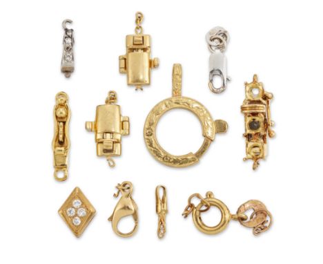 A group of clasps and findings, comprising: an engraved bolt ring, stamped 750; an oval trigger clasp; three box clasps; an o