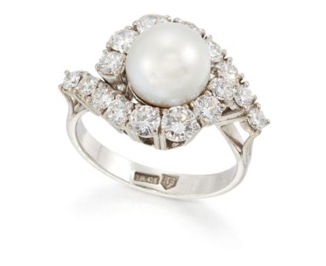 A cultured pearl and diamond ring, of cluster design with crossover shoulders set with graduated brilliant cut diamonds, stam