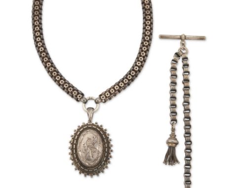 A Victorian silver locket and collar,&nbsp;the aesthetic movement locket with engraved decoration and pellet border, suspende