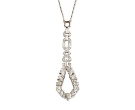 A diamond pendant mount,&nbsp;centre stone lacking, to a brilliant cut, baguette cut and bullet shaped step cut diamond geome