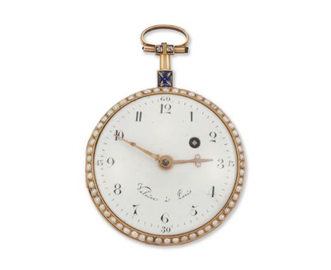 Valaire, Paris. A gold, enamel and seed pearl open face pocket watch&nbsp;Circa 1830Gilt metal full plate movement with centr