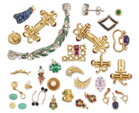 A group of gem set components and findings, comprising: a single cabochon opal earring; a bezel set yellow sapphire; three ru