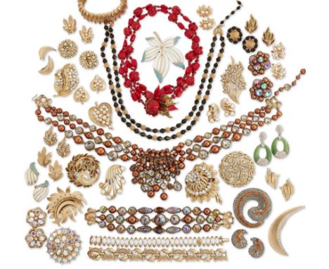 A collection of signed costume jewellery, comprising a red bead necklace by Miriam Haskell, length 38cm; an orange and white 